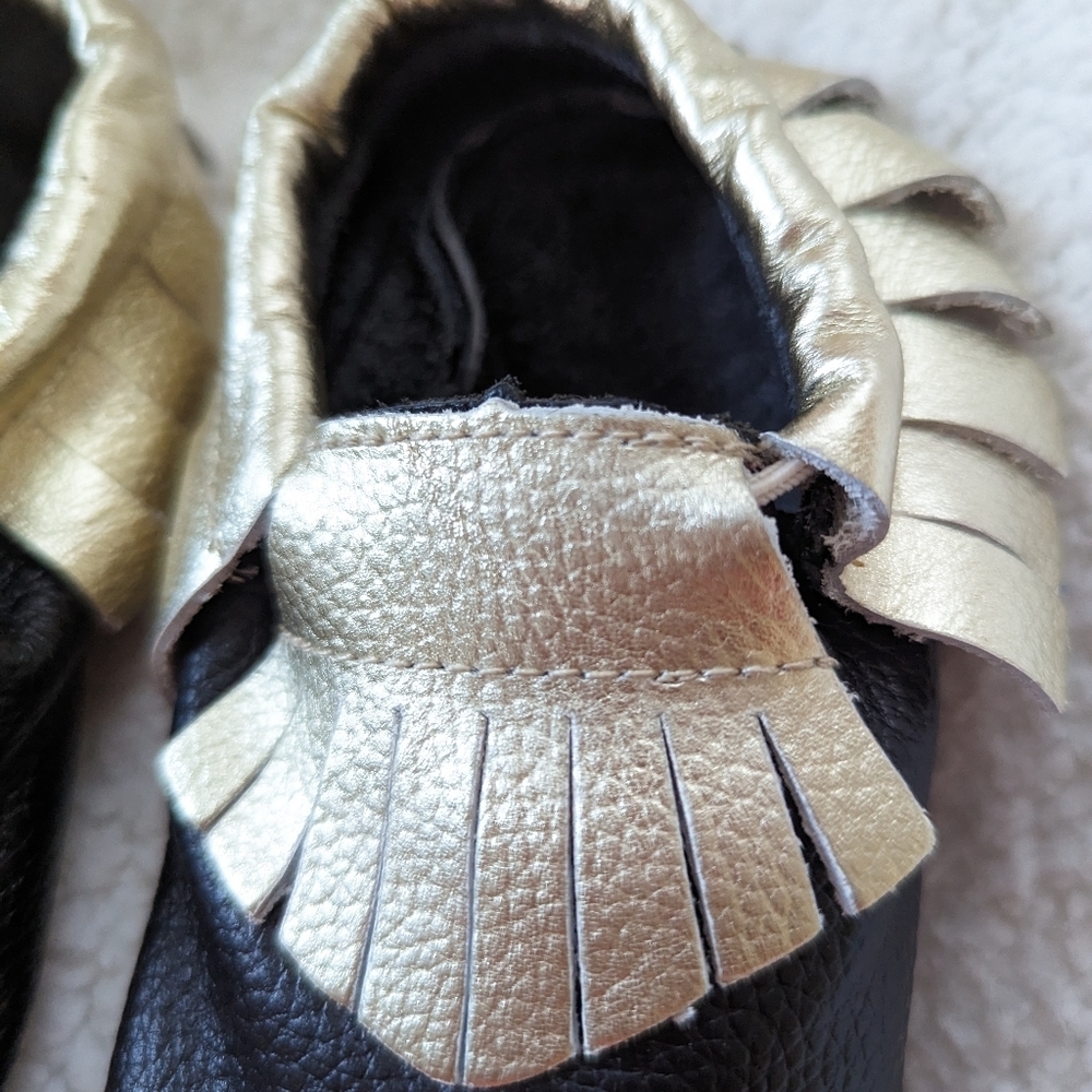 Baby Girl Leather Moccasin Shoes Black and Gold 6-12m 12-18m - Picture 3 of 9